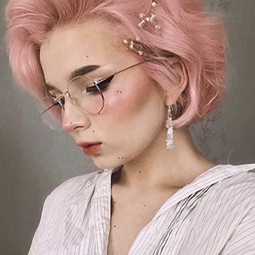 Handmade Bohemian Vintage Silver Nature Stone Beads Long Dangle Drop Earrings for Women - color: Pink