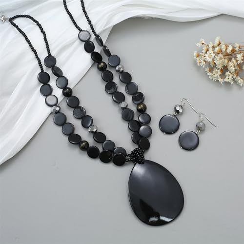 Big Teardrop Pendant Necklaces for Women Colorful Beaded Necklaces Statement Set for Holiday. - color: Black