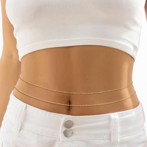14K Gold Plated Waist Chain for Women, 2Pcs Adjustable Pearl Beads Body Chain, Sexy Layered Summer Beach Bikini Belly Jewelry Accessories - style: Rope&Bead
