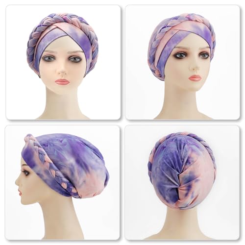 DRESHOW Turban Pre-Tied Twisted Hat Thread African Head Wraps for Black Women Chemo Cancer Cap Braid Hair Cover - color: 1 Pack Tie-dye Gradient: Purple & Pink