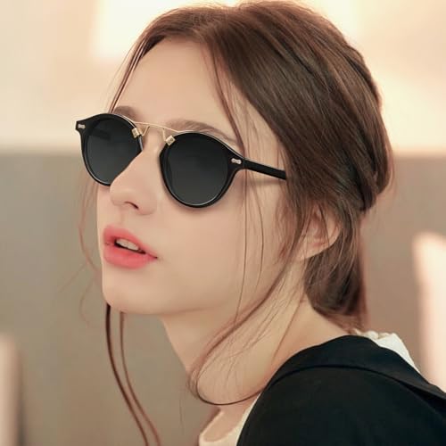 CARFIA Double Bridge Small Acetate Sunglasses for Women Polarized, Retro Metal Brow Ladies Sunnies Fashion Round Eyewears - color: Black