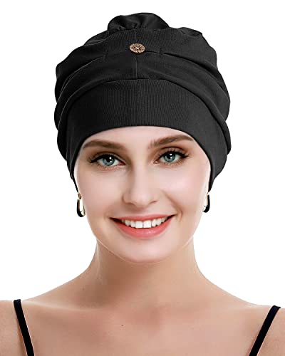 osvyo Cotton Chemo Turbans for Women Cancer Hairloss hat - Cotton Lightweight Headwear Sealed Packaging - color: Cotton Black
