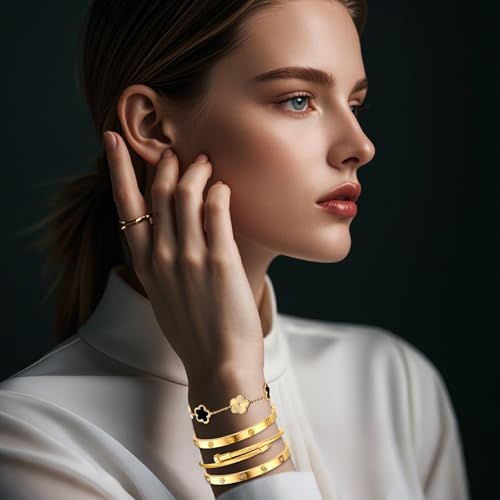 Womens Stackable Floral Gold Bracelets - 4Pcs 18K Gold Plated Bracelet,Stainless Steel Bangle Bracelets Non Tarnish, Gold Bracelet Set Trendy Jewelry,Christmas Valentines Birthday Gifts for Girlfriend - color: Bracelets Stack 4Sets (Floral Black+Gold Brac