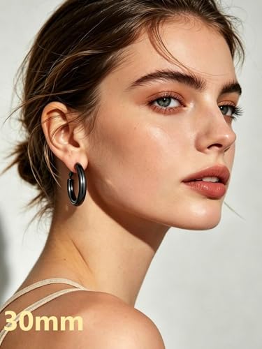 Bestyle 5mm Thick Gold Hoop Earrings Hypoallergenic Hoops for Sensitive Ears Trendy Lightweight Chunky Earrings for Women 30/40/60/80mm - color: 01-Black, size: 30mm
