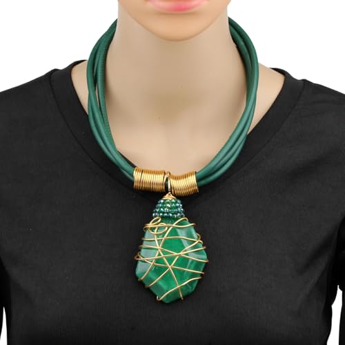 Ethnic Crystal Rhinestone Pendant Necklace Earrings Set Women Handmade Tribal Collar Choker Chunky Metal Bib Rope Chain African Statement Jewelry Set - color: N1505-green