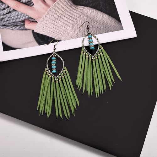 Long Bohemian Fringe Leather Earrrings Handmade Tassel Earrings with Turquoise Christmas Long Dangle Earrings for Women rodeo jewelry - color: Green