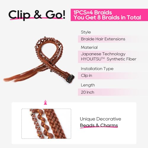 REECHO Clip in Braid Hair Extensions for Women, 20" Boho Dreadlock Clip in Braids with Beads & Charms, 2PCS Synthetic Braided Hairpieces for Cosplay Daily, Copper - color: Copper, size: 20 Inch