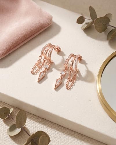 MUMREUES Gold Earrings for Women Trendy 14K Gold Plated Dangle Earrings Small Hoop Huggie Drop Stud Earrings Cubic Zirconia Simple Minimalist Dainty Chain Tassel Hypoallergenic Earrings - color: Chain & Rose Gold