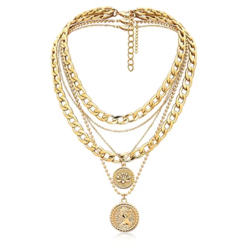 MJartoria Gold Layered Necklaces for Women Trendy Retro Birthflower Coin Pendant Necklace Dainty Chunky Chain Choker Necklaces for Jewelry Birthday Gifts - color: Golden, style: B-Lotus July Birthflower-3PCS