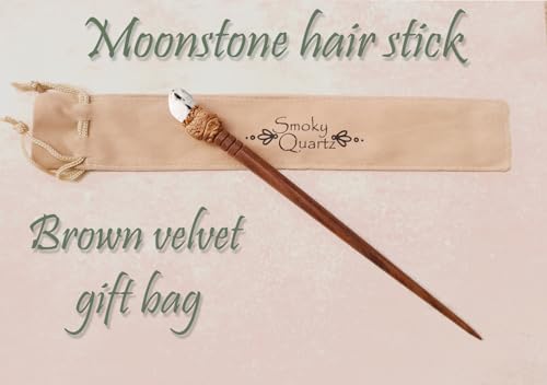 Natural Tumbled Healing Gemstone Crystal Wooden Hair Stick Handmade Gifts Boho Reiki by Smoky Quartz (Moonstone) - color: Moonstone