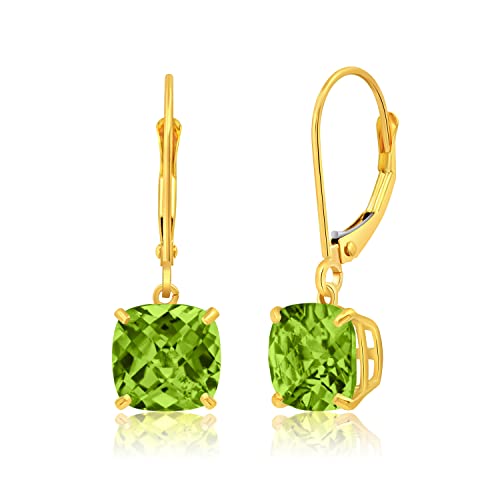 14k White or Yellow Gold Cushion Cut Gemstone Dangle Earrings for Women with 8mm Birthstones by MAX + STONE - color: Peridot