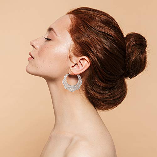 Bohemian Boho Filigree Hoop Earrings for Women – Intricate & Delicate Cutout Design Details – Tribal Floral Gypsy Lightweight Geometric Metallic Statement Earrings - style: Outer Floral - Silver
