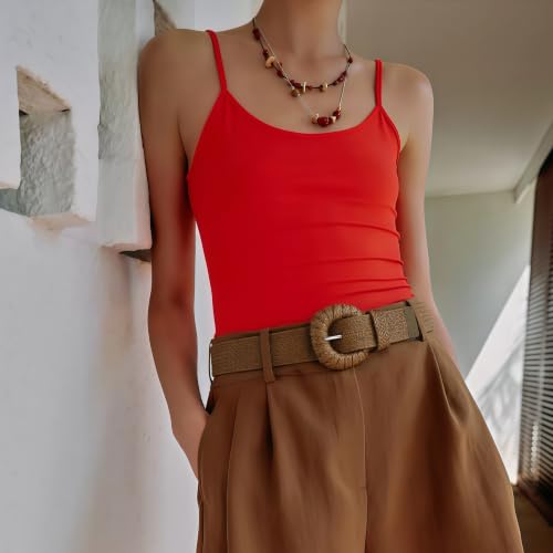 HOTWILL Women Straw Woven Belt Boho Elastic Stretch Braided Waist Belts for Summer Dresses - color: Tan_d Ring Buckle