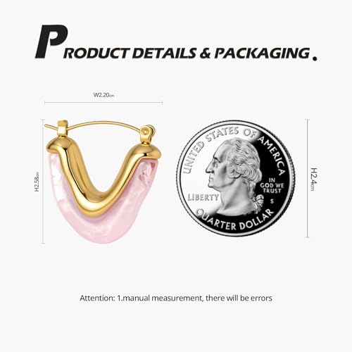 Fullpop Vintage Earrings for Women, Chunky 14K Gold Plated Resin Hoop Earrings Lightweight Hollow Drop Earrings Hypoallergenic Earrings for Women Vintage Anthropologie Jewelry Gifts for Women - size: V Shape Pink