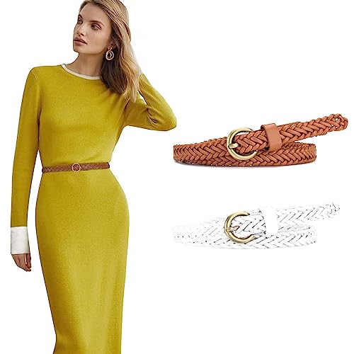 2 Pack Skinny Thin Braided Belts for Women Dresses Woven Waist Belts for Jeans - color: A:brown+white