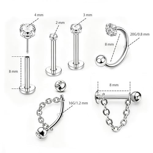 CHARMONLINEVertical Labret Lip Piercing Jewelry with Chain, Top Push in Threadless Flat Back Stud 20G Small Thin Half Hoop Ear Piercing 316L Surgical Steel Ear Piercing Cartilage Earrings Lip Eyebrow Helix Ear Piercing Jewelry with Changing Tool - color: