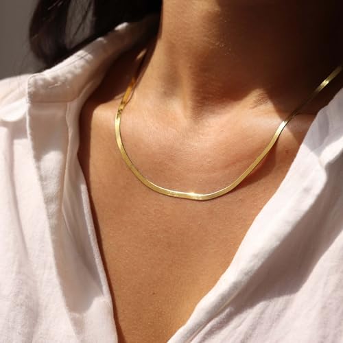 NECOCY 14K Gold Plated Necklaces for Women, Dainty Gold Herringbone Choker Necklace Thin Layered Snake Chain Jewelry for Gifts - color: 3MM 18"-GD Herringbone Necklace