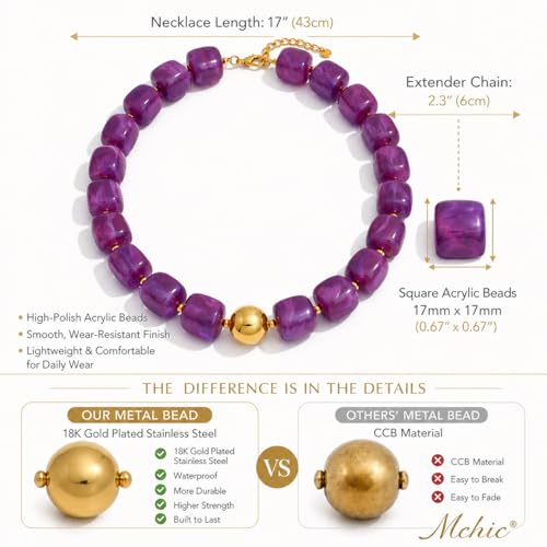 Mchic Colorful Beaded Choker Necklace for Women: Boho Large Square Acrylic Beaded Necklace Stainless Steel Adjustable Surfer Beach Strand Necklaces Summer Handmade Jewelry Gift for Women - color: Purple