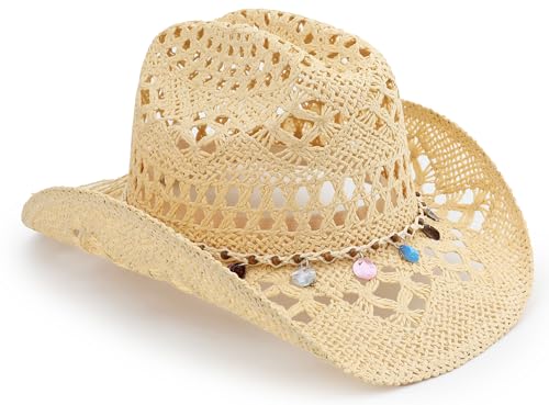 Straw Cowboy Hat, Western Cowgirl Hat, Wide Brim Sun Beach Hat for Men and Women - color: Beige-m25