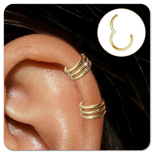 Small Cartilage Double/Triple-Hoop Helix Conch Piercing Earrings With Cubic Zirconia For Women Trendy 14K Gold Plated Titanium Surgical Stainless Steel Sets Nose Rings Hoops Septum Rings - color: 14K Gold, style: E-4Pairs-16Gauge-Triple hoop