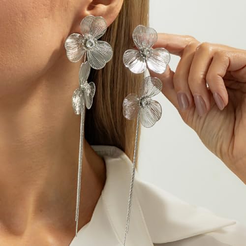 Boho Gold Flower Drop Dangle Earrings for Women Rhinestone Floral Leaf Chandelier Earring Layered Long Tassel Statement Floral Earring Prom Brides Wedding Party Fashion Jewelry Accessary - color: Silver