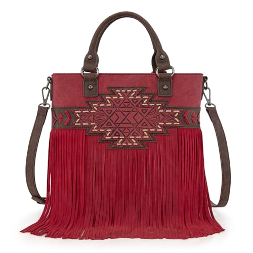 Trinity Ranch Crossbody Bags for Women Tooled Fringe Top Handle Handbags Vintage Western Purse - color: Red