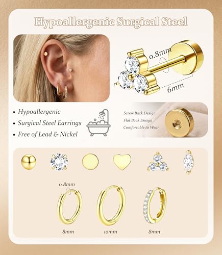 Incaton Hypoallergenic Flat Back Earrings for Women Silver 14K Gold Plated Surgical Stainless Steel Stud Earrings Cubic Zirconia Cartilage Studs Earrings For Multiple Piercing Sensitive Ears - color: 2-GOLD