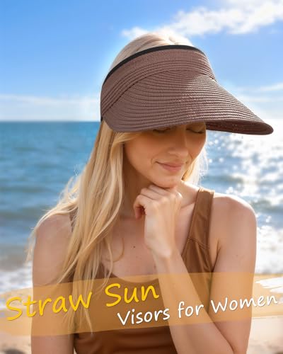 Senker Fashion Sun Hats Visor for Women, Straw Beach Hat Adjustable Wide Brim Ponytail Packable for Summer Travel UPF 50+ - color: Brown