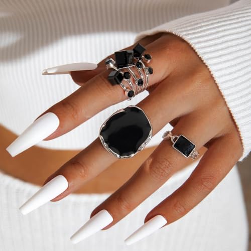 Chunky Black Crystal Statement Rings for Women Gold Large Enamel Round Finger Ring Vintage Cocktail Party Formal Prom Festival Birthday Jewelry - color: Silver