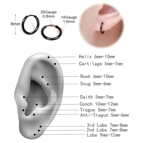 1 Pair 8mm Black Earrings for Men Women, 316L Surgical Stainless Steel Small Hoop Earrings Hypoallergenic Non Tarnish Cartilage Hoop Earrings for Multiple Piercing Huggie Hoop Earrings (Black/1.6mm) - color: Black, size: 8mm (Thickness: 1.6MM)