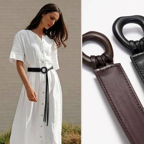 Knotted Waist Belt for Women PU Leather Thin Strap Belt for Dresses - color: Irregular-black