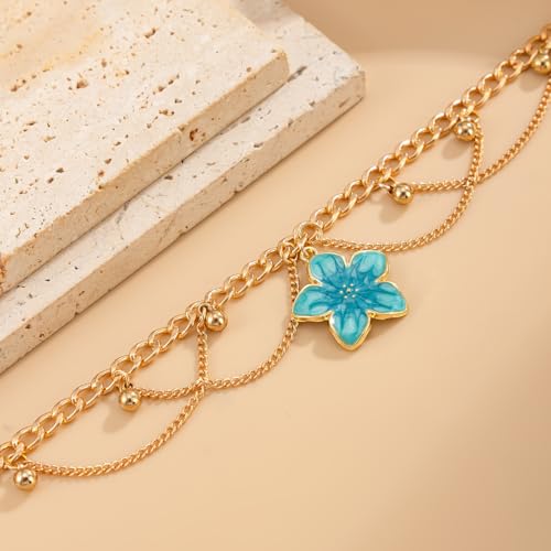 Ankle Bracelets for Women Gold Anklets for Women Waterproof Summer Beach Jewelry Pink Blue White Silver Flower Anklets for Women Plus Size Anklet Bracelet for Big Ankles Foot Jewelry - color: 5 - blue