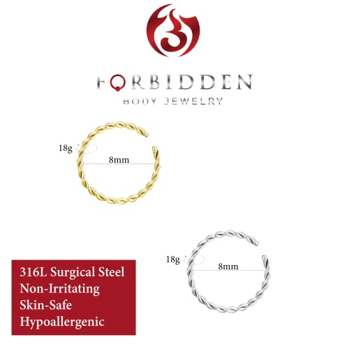 Forbidden Body Jewelry Nose Rings Set Surgical Steel Braided Hoops for Pierced and Fake Nose and Cartilage Piercings 14G-20G - style: 18g 8mm Silver/Gold Tone (2Pcs)