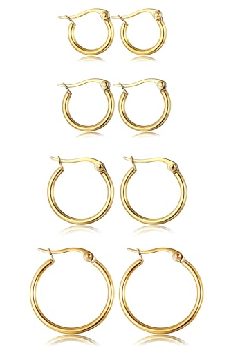 ORAZIO 4 Pairs Stainless Steel Hoop Earrings Set Cute Huggie Earrings for Women,10MM-20MM - style: Gold Plated, 4 pairs