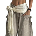 Women Y2K Lace Fringe Hip Scarf Boho Triangle Tassel Waist Cover Up Skirt Wrap Sheer Tie Belt Aesthetic Streetwear - color: H White