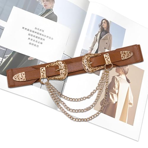Dubulle Womens Belt Chain Leather Belts Vintage Western Adjustable Elastic Double Buckle for Cowboy Pant Dress - color: Coffee Brown Gold