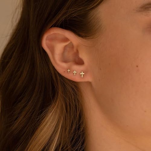 VRIUA 20G Tiny Flat Back Earrings for Women - 14K Gold/Silver Plated Small Flat Back Stud Earrings Hypoallergenic Cartilage Helix Piercing Jewelry - color: 4/5/6mm-Cross Flat Gold