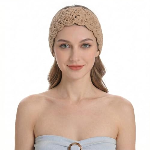 ZLYC Women Floral Headband Handmade Crochet Knit Vintage Hair Bands (Plain Khaki) - color: Plain Khaki