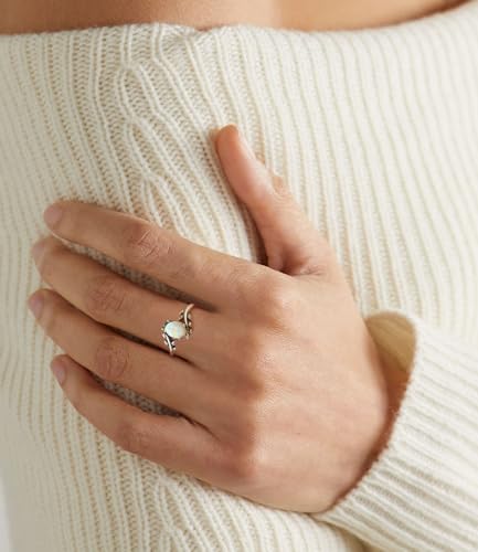 Genuine Turquoise Ring for Women Western Oval Gemstone Jewelry 925 Sterling Silver Leaf Bohemian Boho for Her Wife Mom - color: Opal-White