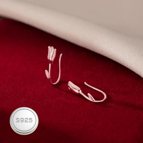 Reffeer Solid 925 Sterling Silver Flower Crawler Cuff Earrings Wraps for Women Teens Tulip Flower Wrap Earrings - color: C-Rose Color