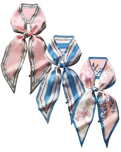 Raylarnia 3 Pack Satin Purse Bag Scarf for Women 59”Long Silky Scarves for Neck,Hair,Head,Handbag,Fashion Gift Set - color: Pink Blue (Flower Branches/Grid/Ruyi)