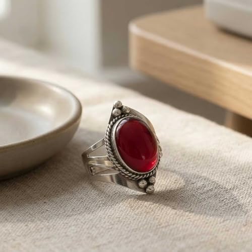 Handmade 925 Sterling Silver Plated Ring Natural Gemstone Carnelian, Rose Quartz, Tiger Eye, Crystal Oval Boho Jewelry For Women - color: Garnet Quartz