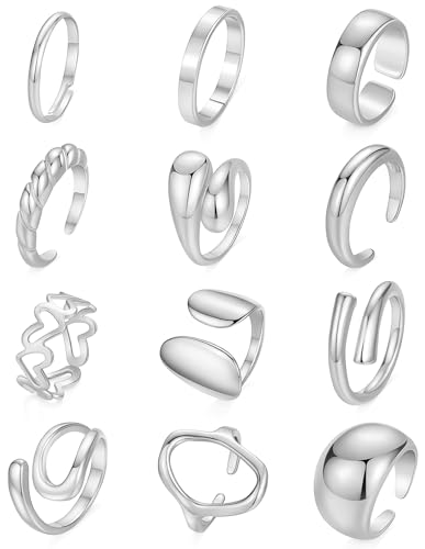 12Pcs Gold Chunky Rings 18K Gold Plated Stackable Open Knuckle Ring Set Hollow Heart Twist Croissant Dome Band Statement Finger Rings for Women Gold Silver Tone Adjustable - color: B-Sliver