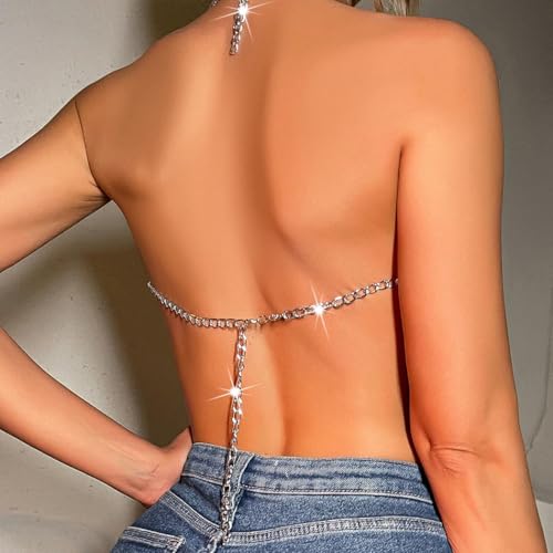 BODIY Rhinestone Body Chain Tops Crystal Halter Crop Tops Silver Bikini Chain Bra Body Accessories for Women