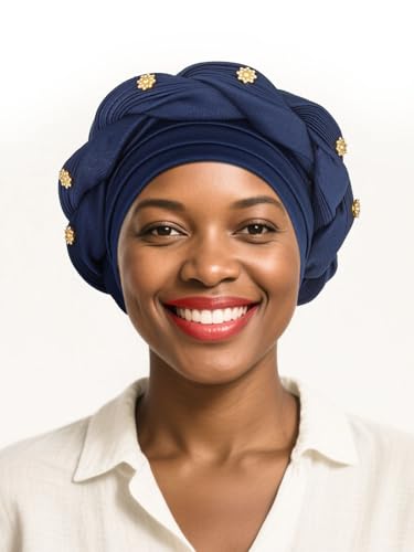 Woeoe Women African Turban Pre-Tied Twisted Beanie Cap Headwear Rhinestone Soft Stretchy Head Turbans - color: Navy Blue