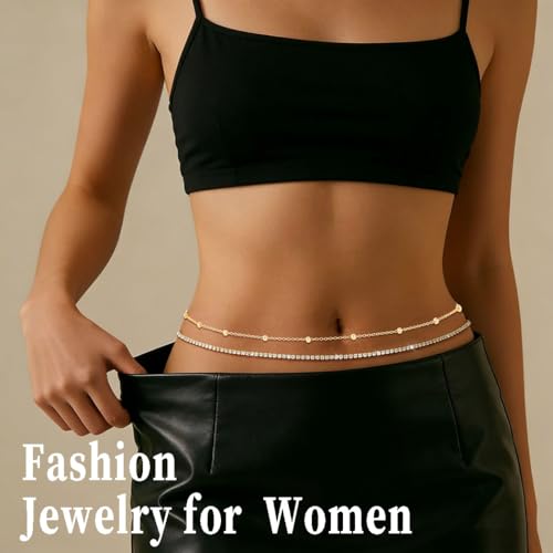 Rhinestone Waist Chains Crystal Waist Chain with Pendant Abdominal Chain Thin Minimalist Body Chain Jewelry for Women Beach Rave - style: C-R+Beads-Gold