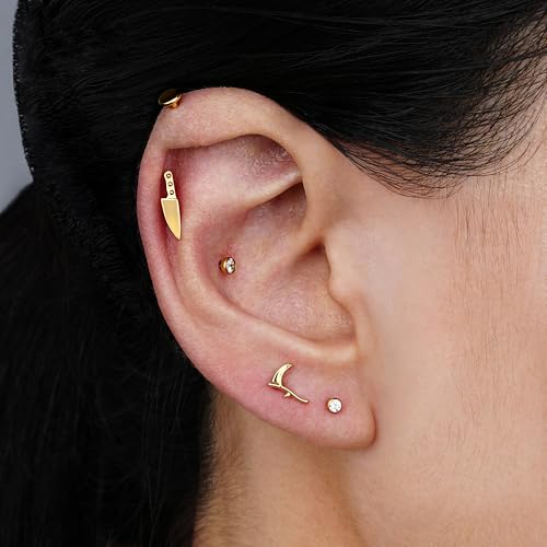 FINE4U 1PC ASTM F136 Titanium Internally Threaded Piercing Jewelry Stud 16G 6mm 8mm for Helix, Tragus, Conch, Flat - color: Sickle - Gold