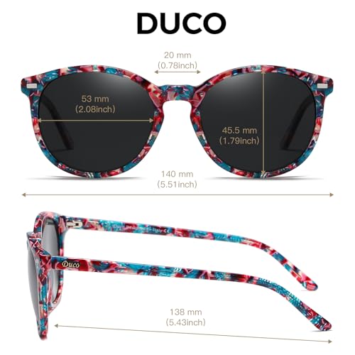 DUCO Women's Trendy Retro Round Acetate Polarized Sunglasses, UV400 99% Glare Block, Lightweight for Daily & Outdoor - color: 2. Candy Phoenix Frame Grey Lens