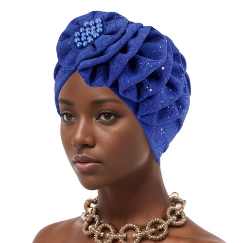 Erinaco Women Sparkle Sequin African Turban Bow Knot Pre-Tied Cap Pleated Ruffle Bonnet Beanie Hat Headwrap Skull Caps - color: Beaded Sapphire Blue