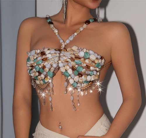 Boho Shell Beaded Body Chain Bra Luxury Crystal Tassel Beach Festival Jewelry Crystal with Gold Accents Mermaid Costume Bra Rave/Festival/Burlesque Bra Top(Blue Green stone)